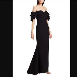 Badgley Mischka Black Off-Shoulder Ruffle Sleeve Maxi Gown